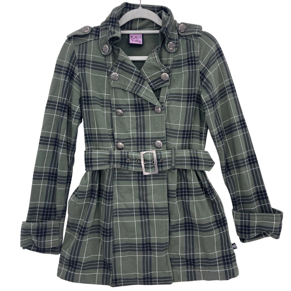 L.A. Kitty Green Plaid Double Breasted Belted Trench Coat Small Military Crest